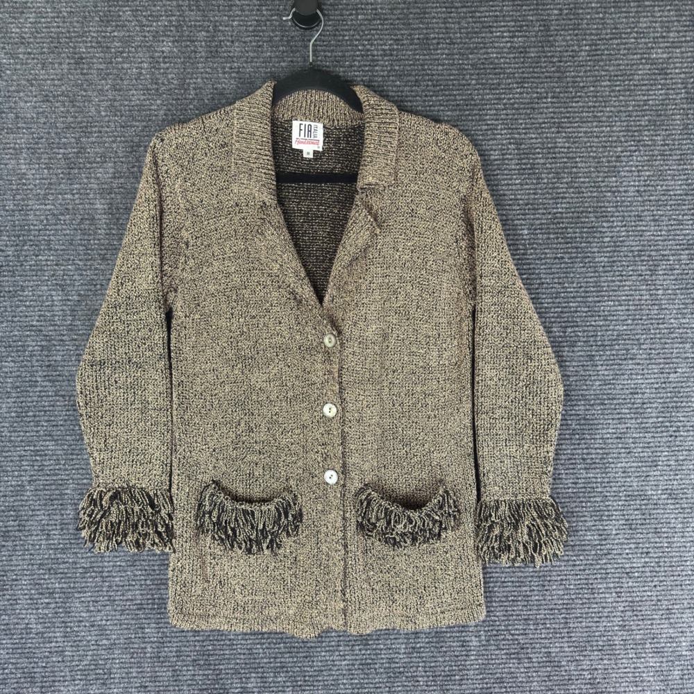 Fia Italia Handloomed Cardigan S Brown Fringe Trim Button Front Sweater Boho